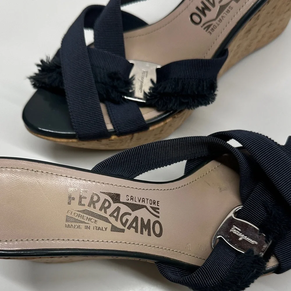 Salvatore Ferragamo Wedges High Heeled Sandals Shoes Frayed Ribbon Blue 6.5